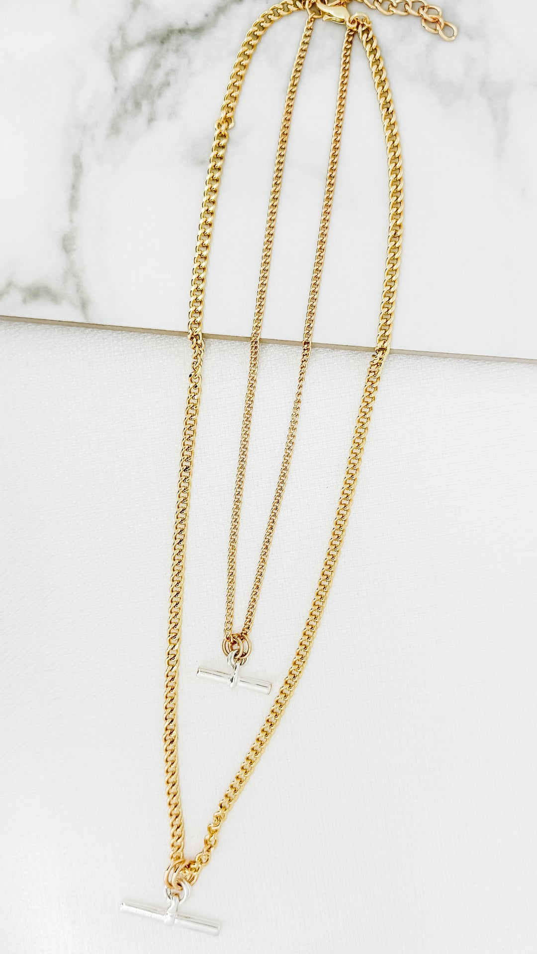 Gold Two Necklace with Silver T-bar