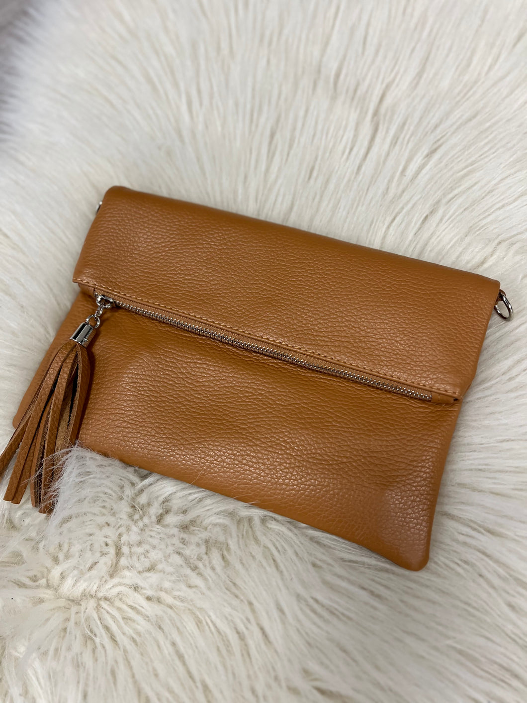 Tori Leather Foldover Clutch - Tan