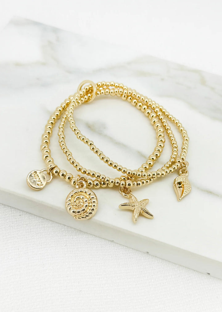 Gold Triple Stretch Bracelet with Sea Charms