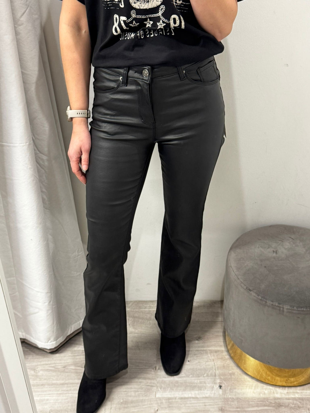 Toxik Leather Look Flared Jeans - Black
