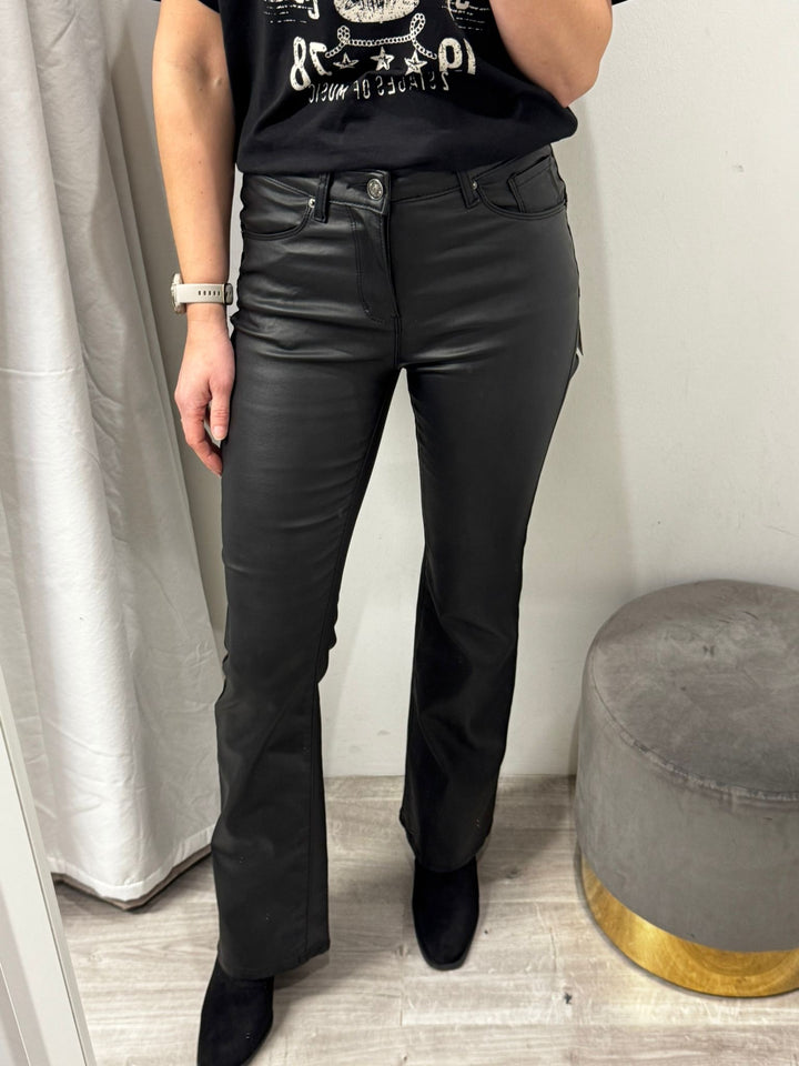 Toxik Leather Look Flared Jeans - Black