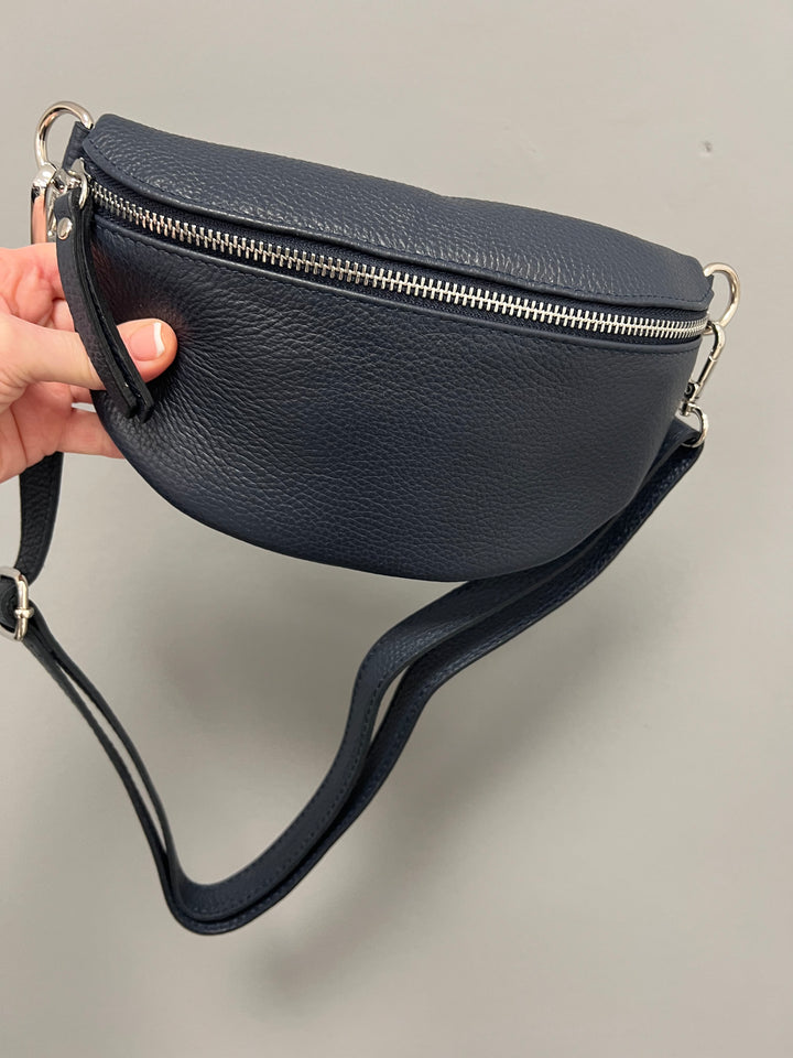 Mina Leather Bum Bag - Navy
