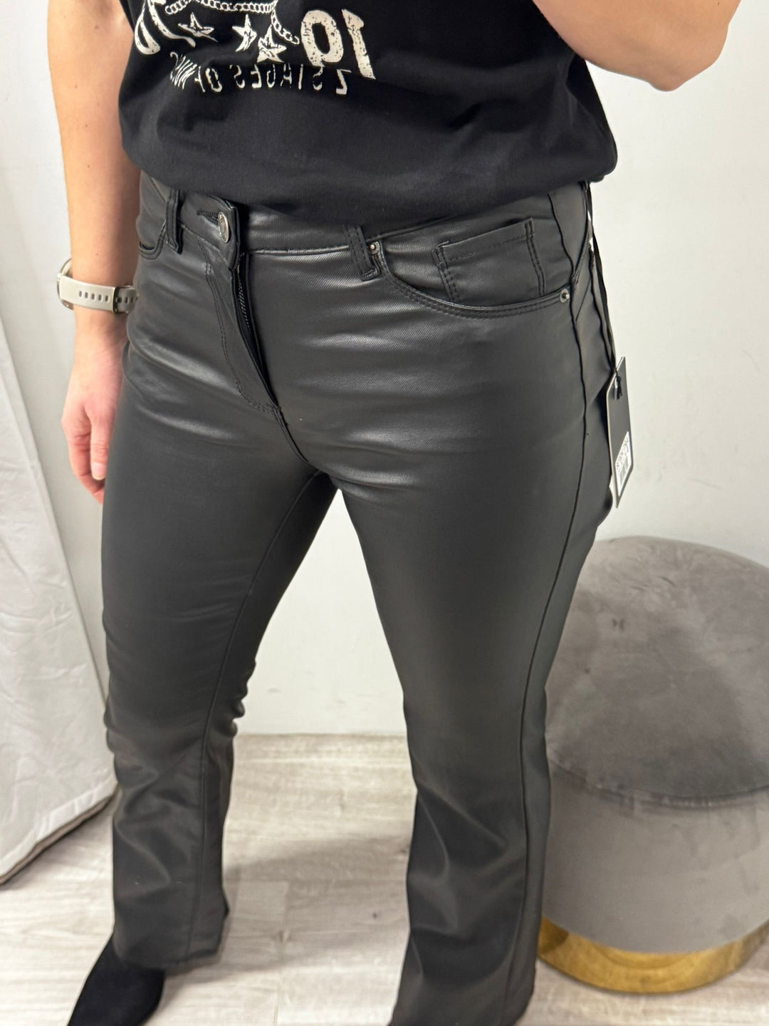 Toxik Leather Look Flared Jeans - Black