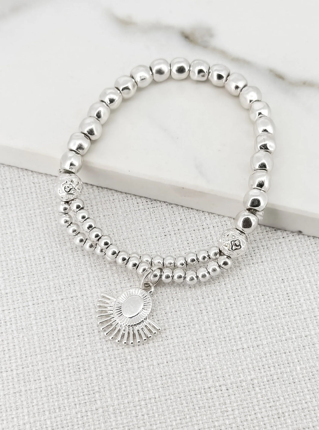 Fan Charm Beaded Bracelet - Silver