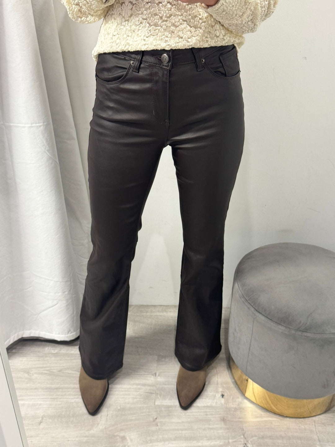 Toxik Leather Look Flared Jeans - Chocolate