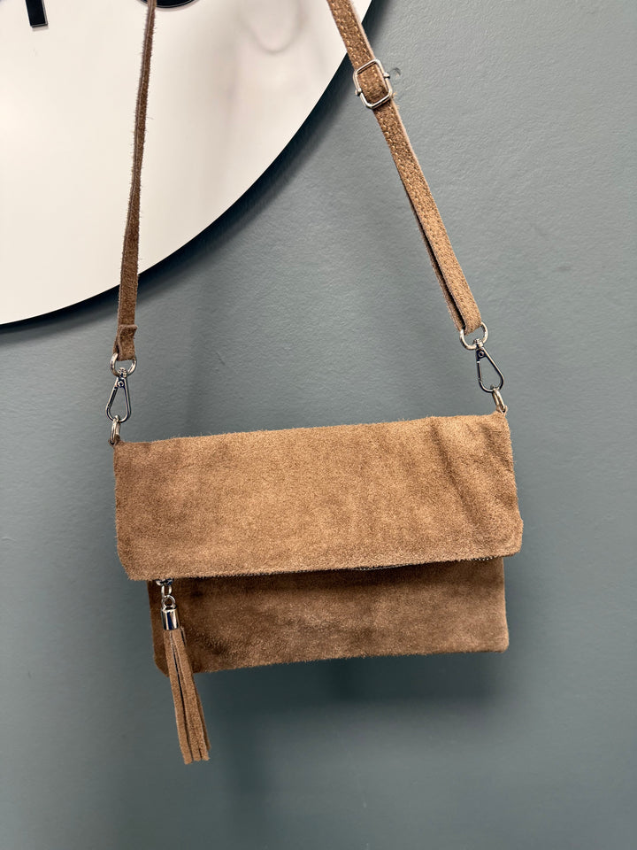 Tori Suede Foldover Clutch -  Taupe