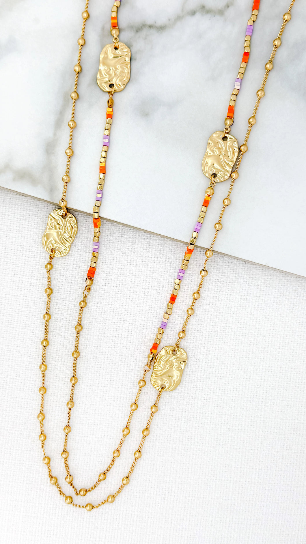 Long Gold Necklace - Lilac & Coral Beads
