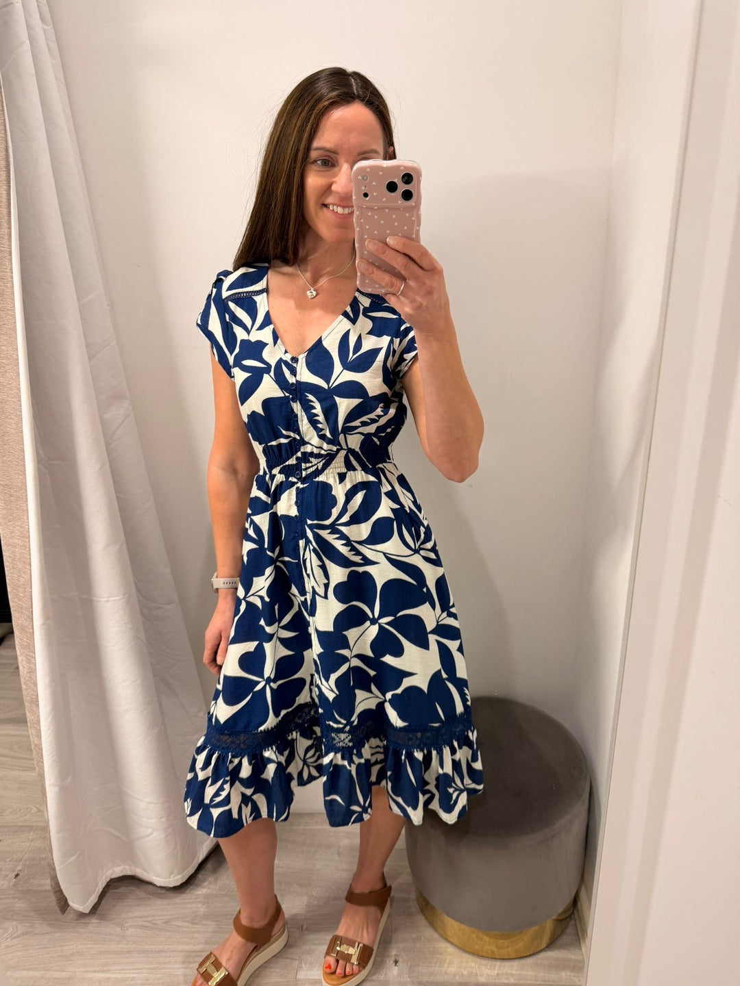 Ciara Midi Dress - Navy Leaf