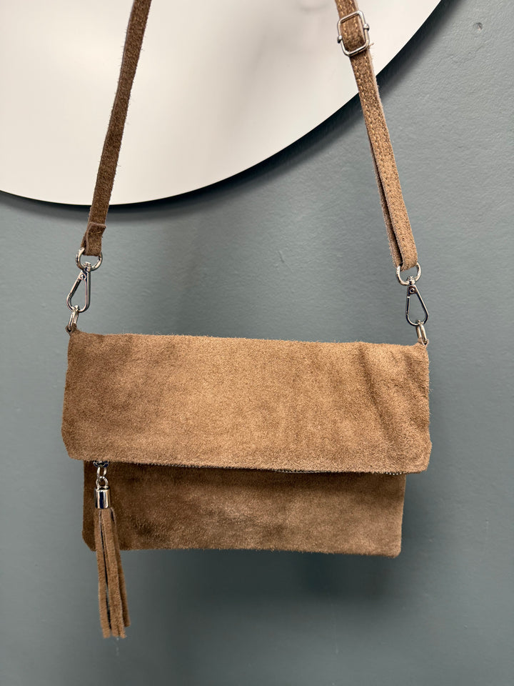 Tori Suede Foldover Clutch -  Taupe