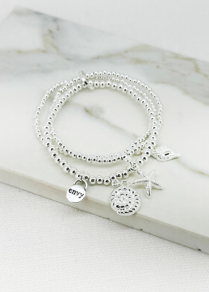 Silver Triple Stretch Bracelet with Sea Charms