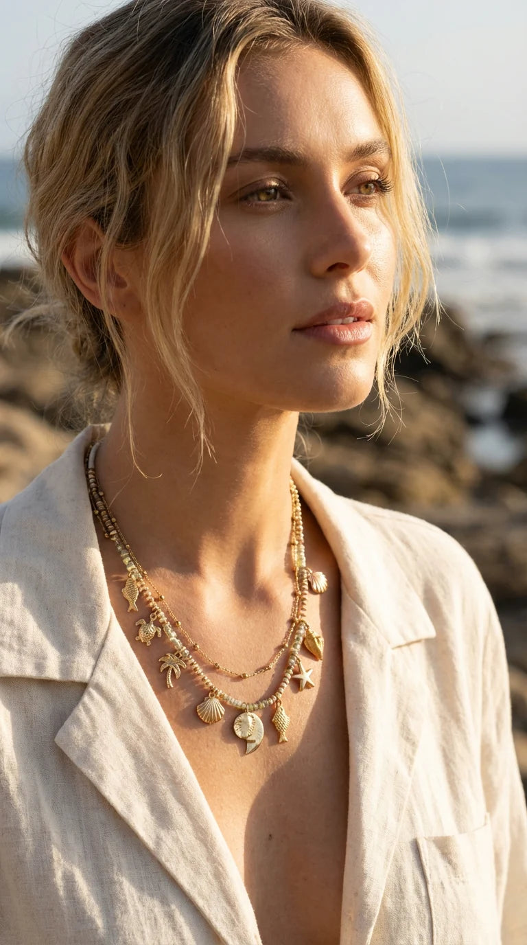 Short Double Layered Necklace with Sea Charms
