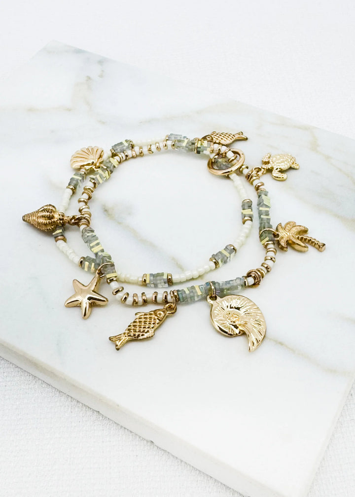 Gold Beaded Double-Layered Bracelet with Sea Charms