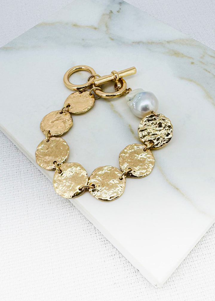 Gold Hammered Disc & Pearl T-Bar Bracelet