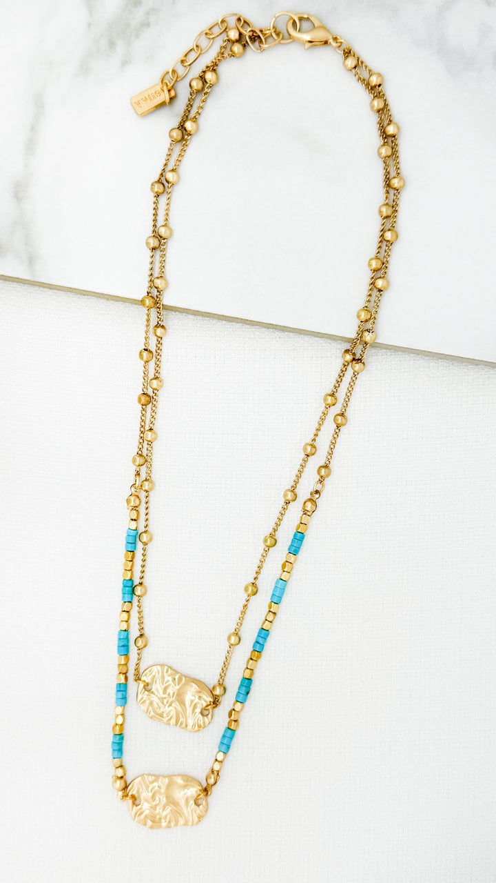 Short Gold & Turquoise Double-Layer Bead Necklace