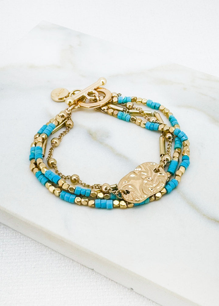Layered Gold and Turquoise T-bar Bracelet