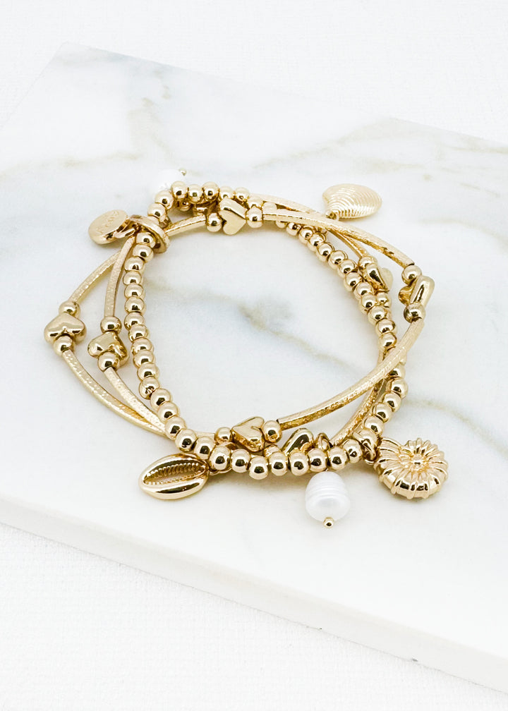 Gold Triple Layer Beaded Bracelet with Pearl and Shell Charms