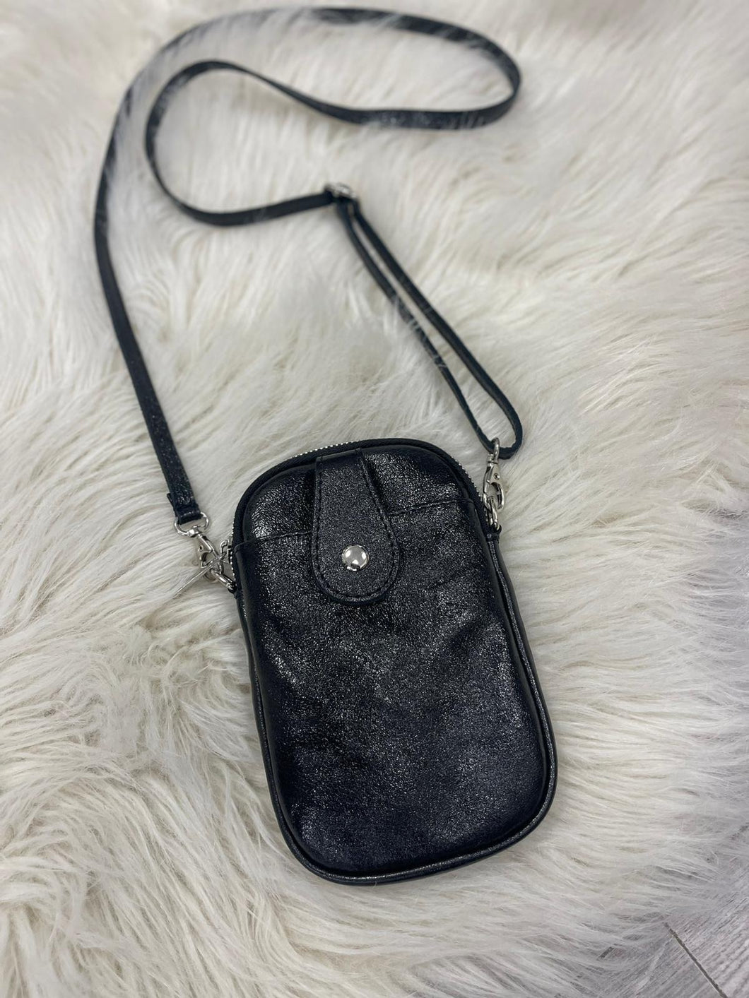 Leather Phone Pouch Bag - Metallic Black