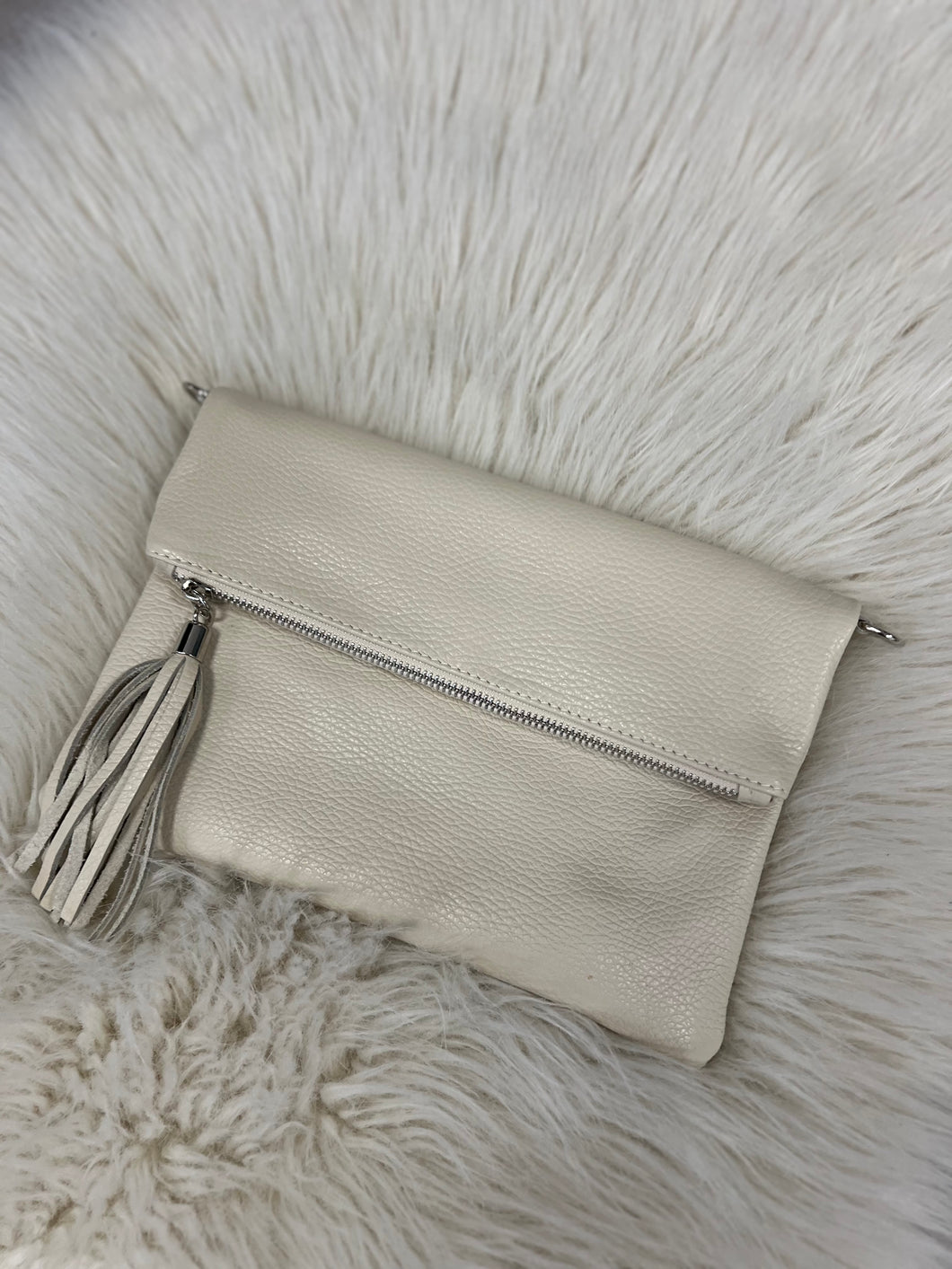 Tori Leather Foldover Clutch - Cream