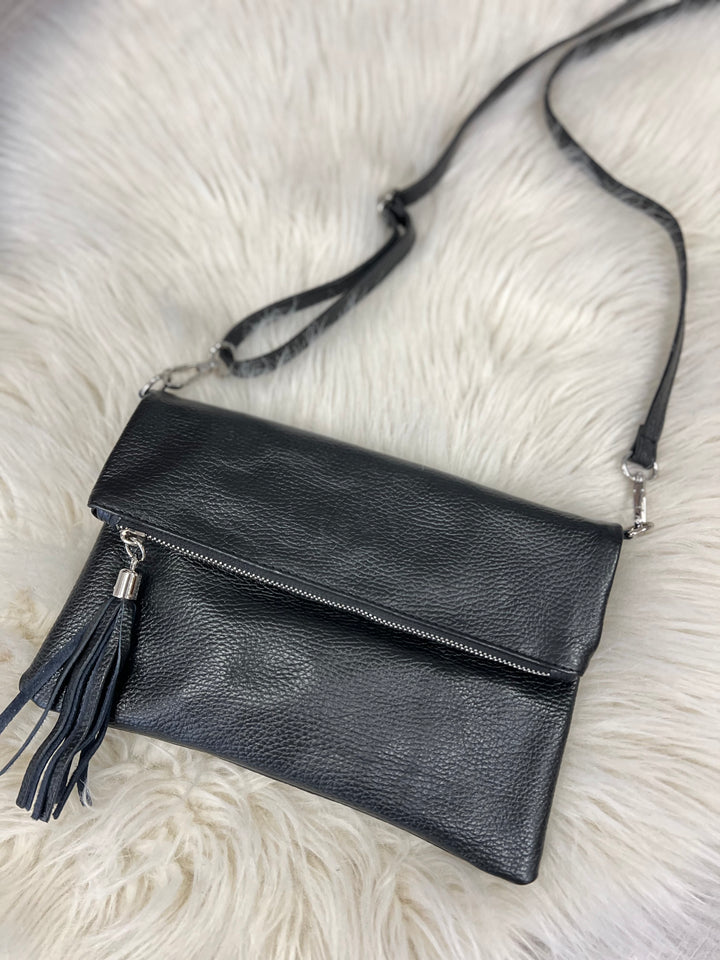 Tori Leather Foldover Clutch - Black