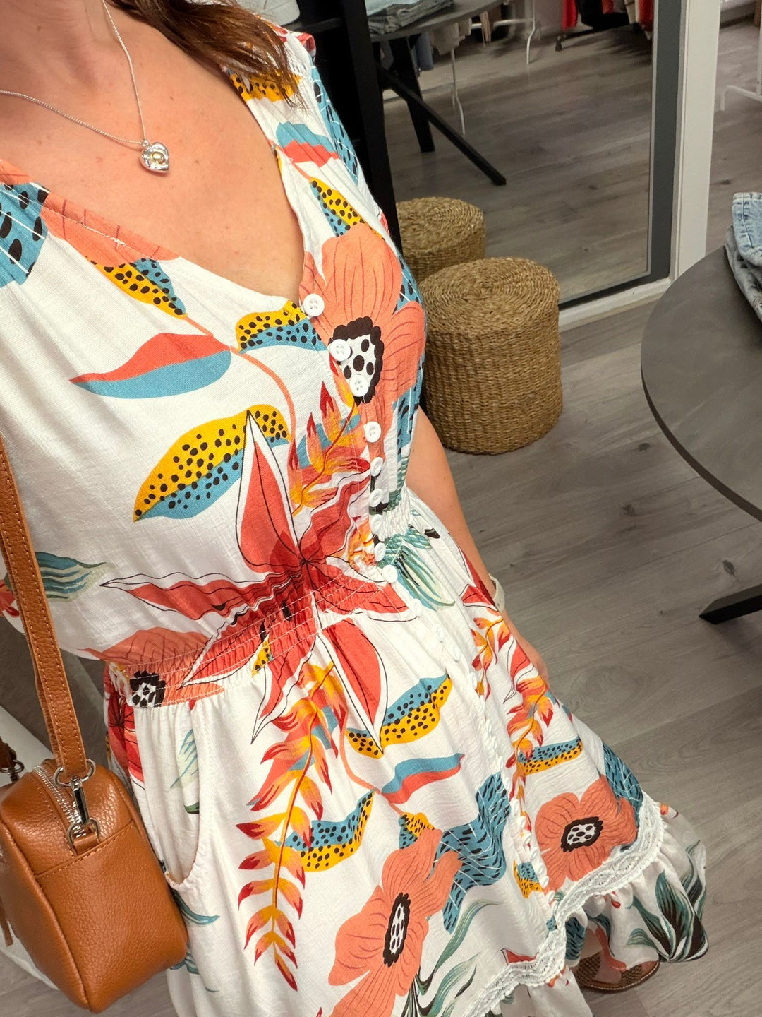Ciara Midi Dress - Cream Tropical