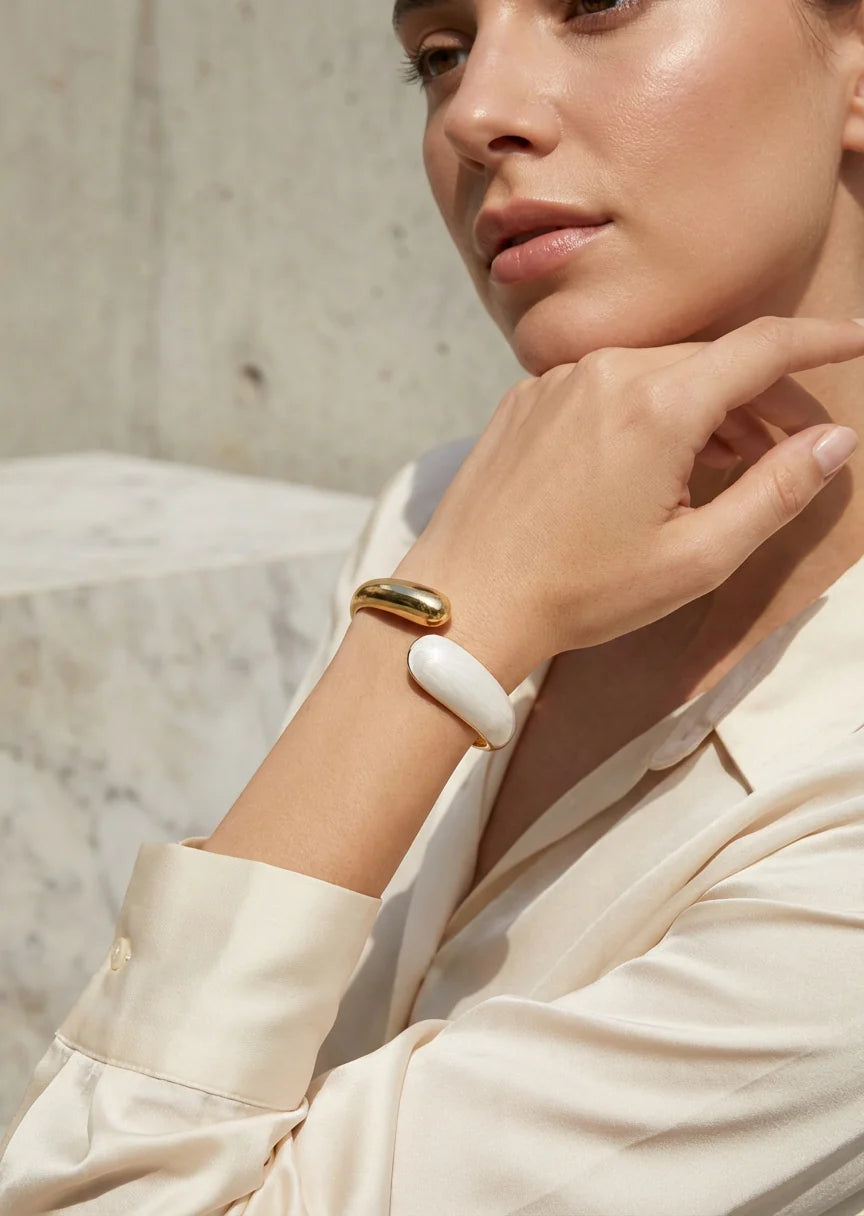 Gold Hinged Bangle with Enamel Design