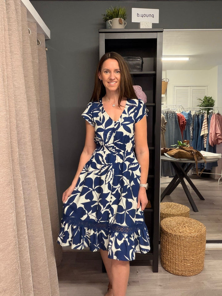 Ciara Midi Dress - Navy Leaf