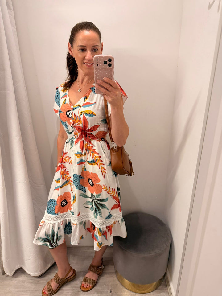 Ciara Midi Dress - Cream Tropical