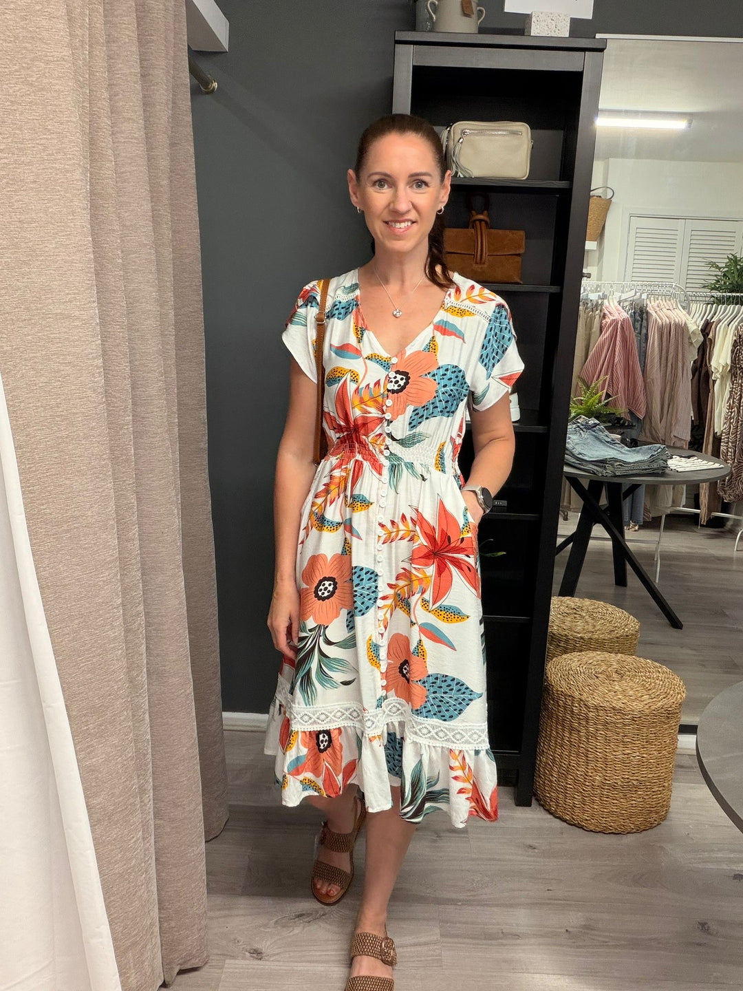 Ciara Midi Dress - Cream Tropical