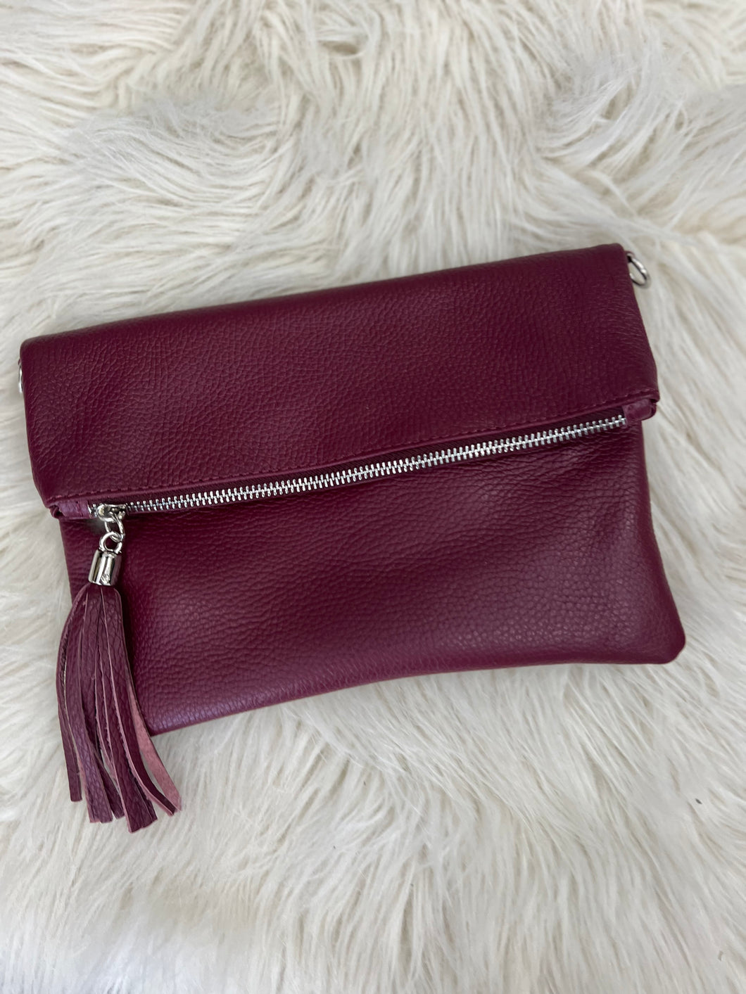 Tori Leather Foldover Clutch - Burgundy