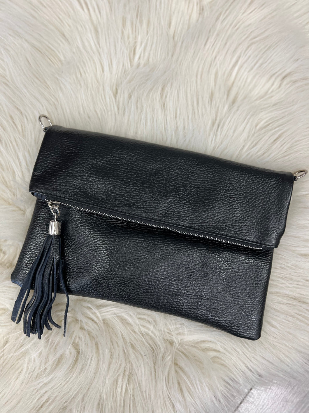 Tori Leather Foldover Clutch - Black