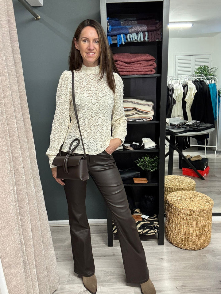 Toxik Leather Look Flared Jeans - Chocolate