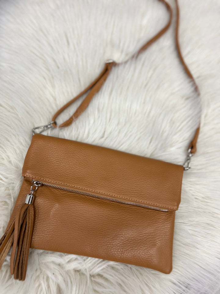 Tori Leather Foldover Clutch - Tan
