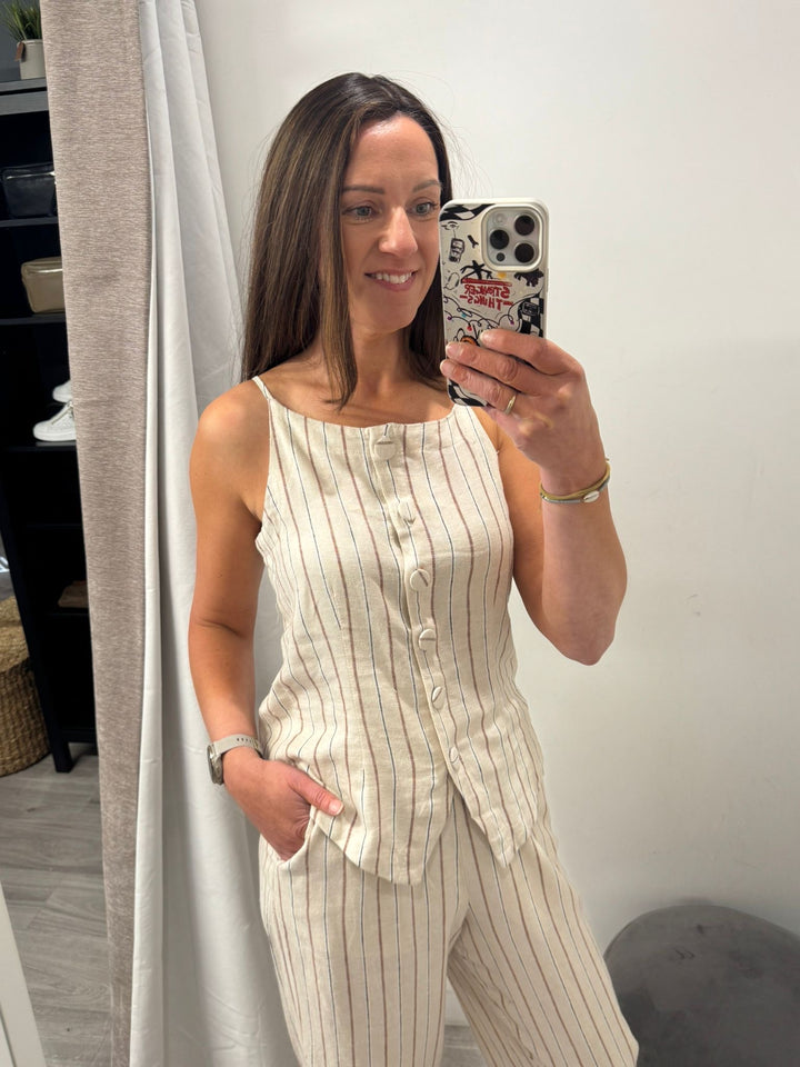 Linno Button Top - Brown Stripe
