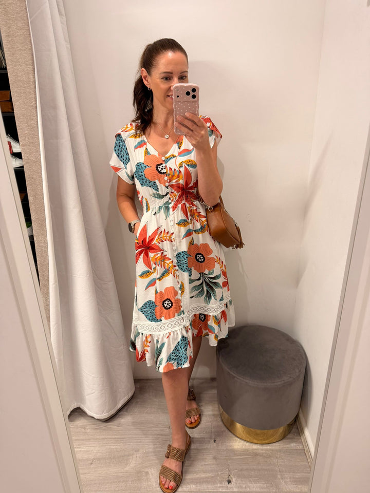 Ciara Midi Dress - Cream Tropical