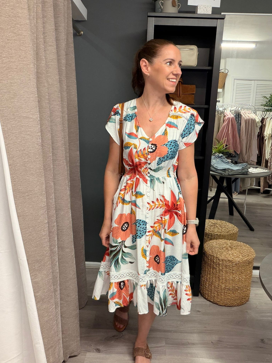 Ciara Midi Dress - Cream Tropical