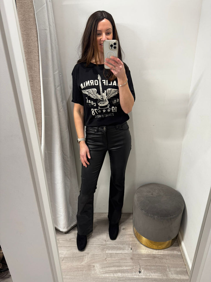 Toxik Leather Look Flared Jeans - Black