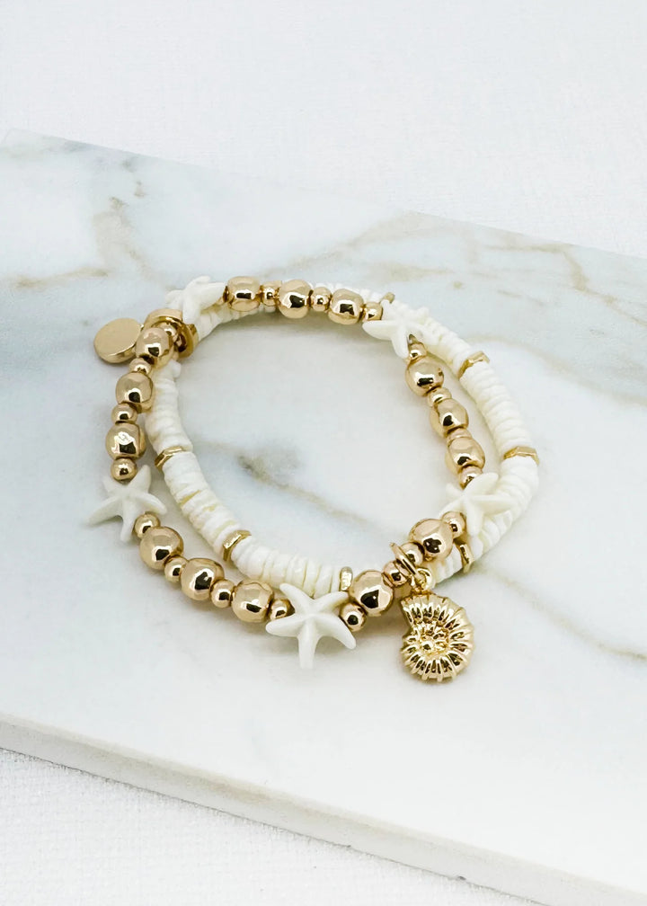 Gold stretch Bead & Shell Bracelet with Starfish