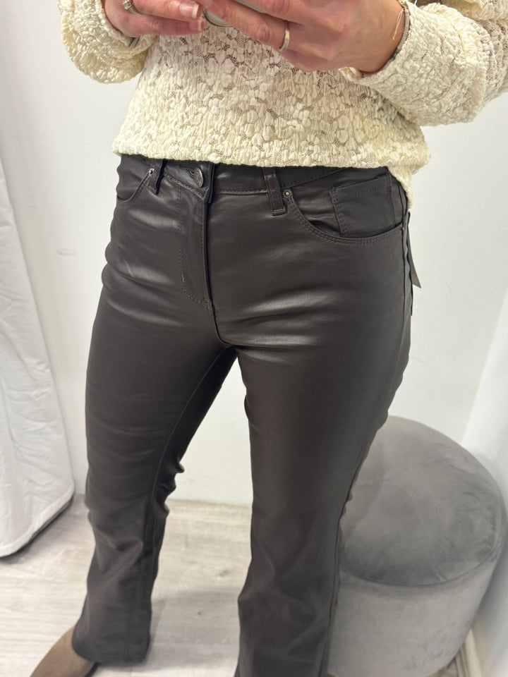 Toxik Leather Look Flared Jeans - Chocolate