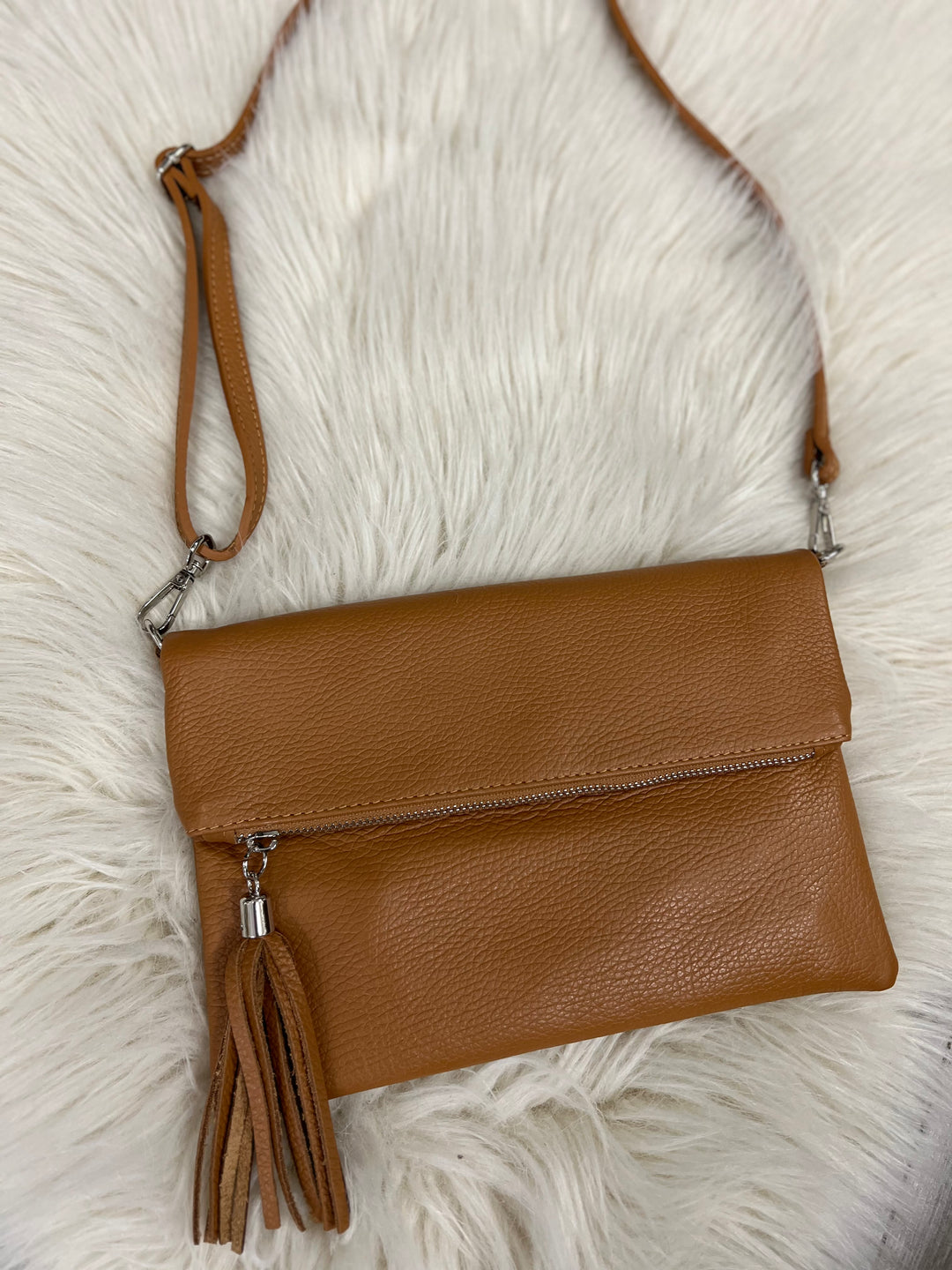 Tori Leather Foldover Clutch - Tan