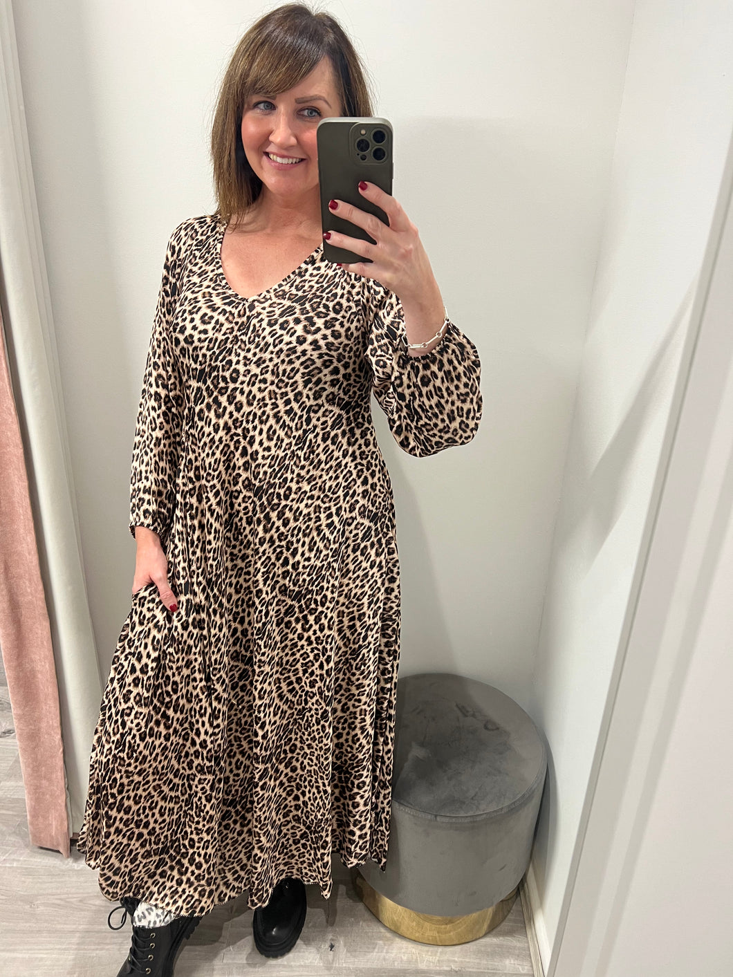 V Neck Leopard Satin Dress