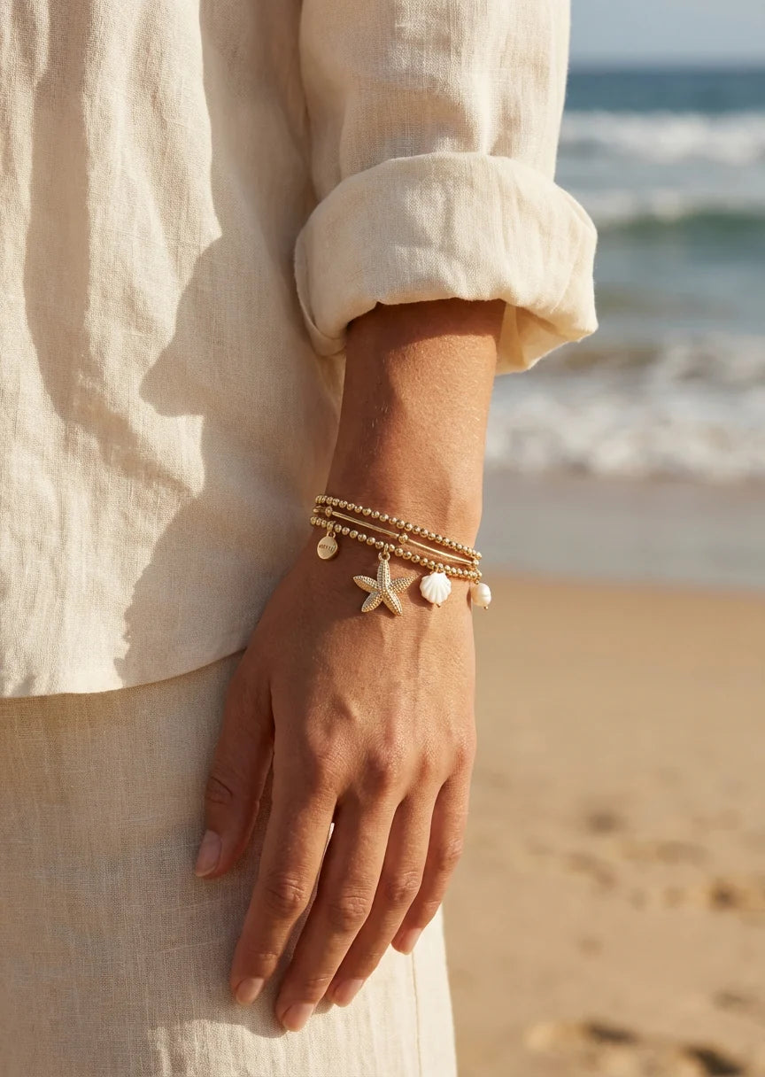 Gold Triple-Layered Bracelet with Starfish & Pearl Charms