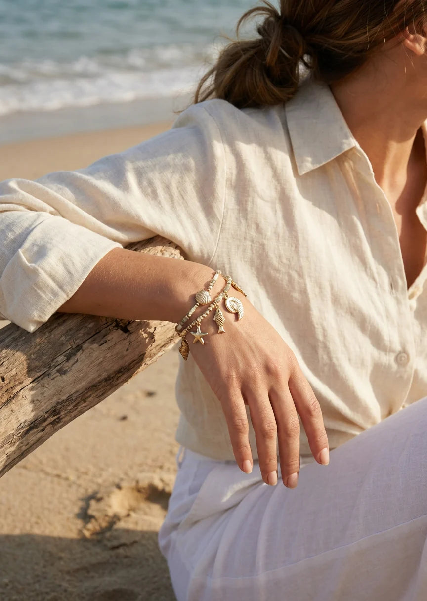 Gold Beaded Double-Layered Bracelet with Sea Charms
