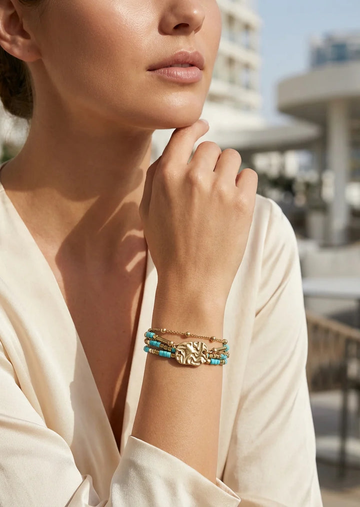 Layered Gold and Turquoise T-bar Bracelet