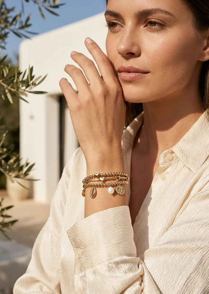 Gold Triple Layer Beaded Bracelet with Pearl and Shell Charms